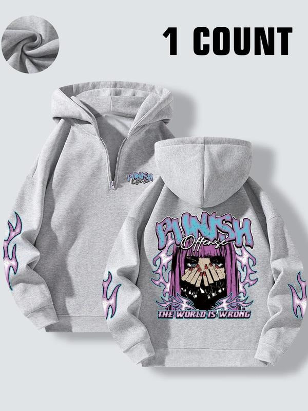 Women'WB shield Cartoon Figure & Letter Print Half Zip Hoodie, Fashion Casual Drop Shoulder Long Sleeve Hooded Sweatshirt...