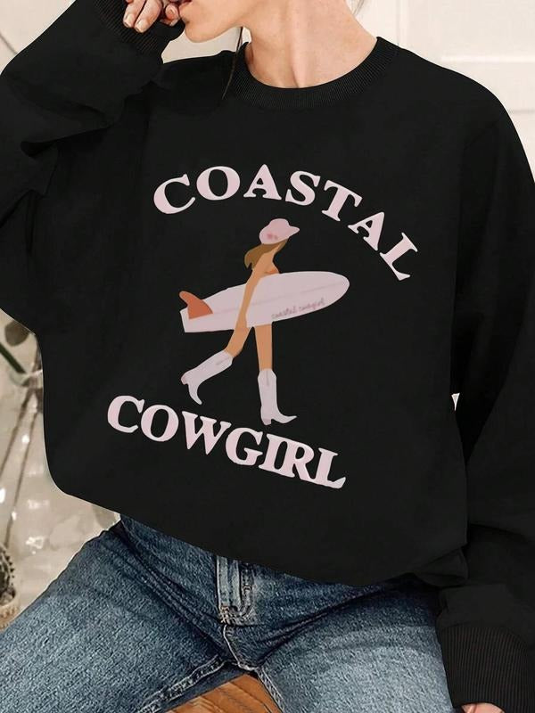 Women'WB shield Cartoon Figure & Letter Print TNF Lined Sweatshirt, Casual Drop Shoulder Round Neck Pullover for Fall &...