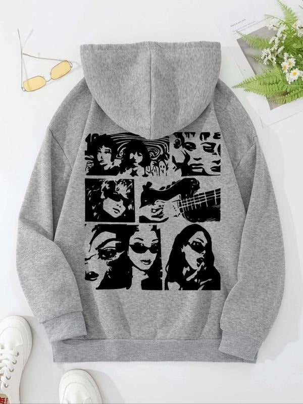 Women'WB shield Cartoon Figure Print Drop Shoulder Hoodie, Fashion Casual Drawstring Pocket Hooded Sweatshirt for Daily...
