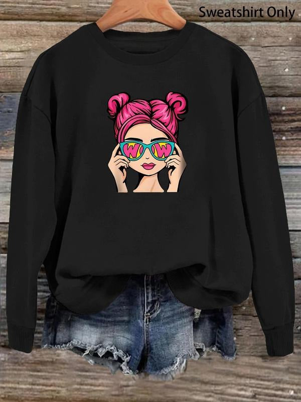 Women'WB shield Cartoon Figure Print Drop Shoulder Sweatshirt, Casual Long Sleeve Round Neck Pullover for Fall & Winter,...