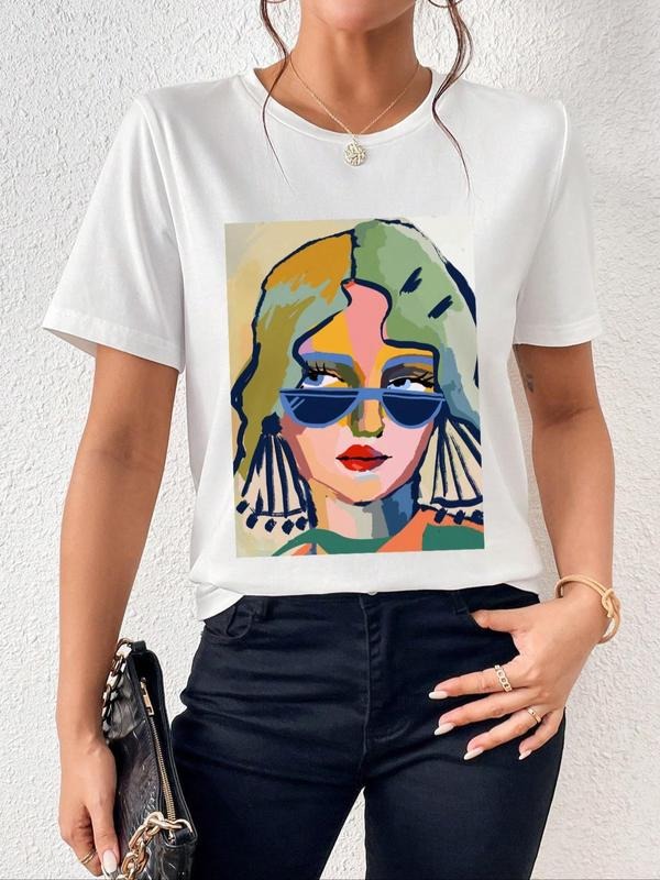 Women'WB shield Cartoon Figure Print Round Neck Tee, Casual Short Sleeve Crew Neck T-shirt for Summer, Fashion Simple...