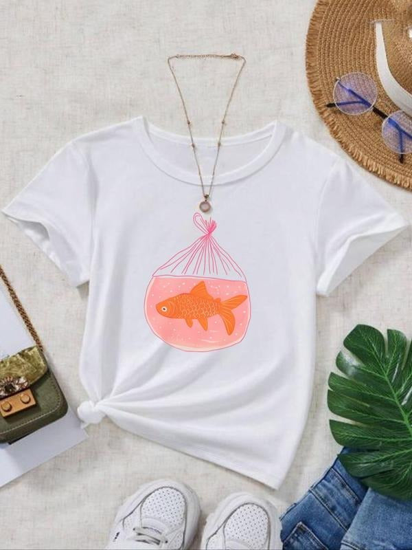Women'WB shield Cartoon Fish Print Round Neck Tee, Fashion Casual Crew Neck T-Shirt for Daily Holiday Vacation Outdoor...