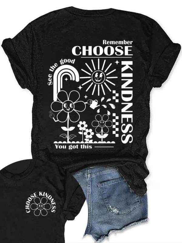 Women'WB shield Cartoon Floral & Letter Print Round Neck Graphic Tee, Vintage Trendy Casual Short Sleeve T-shirt for...