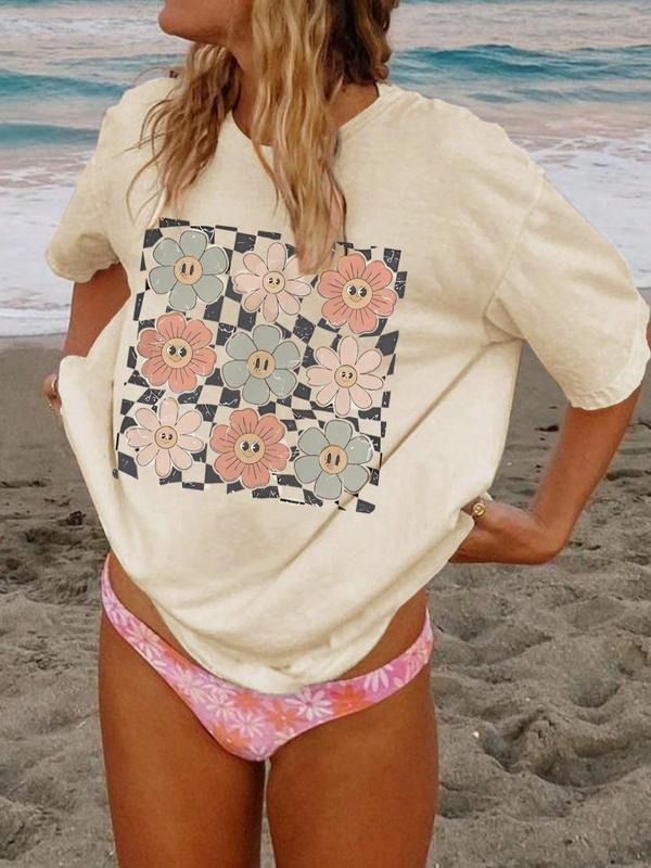 Women'WB shield Cartoon Floral Print Drop Shoulder Tee, Casual Half Sleeve Round Neck T-Shirt for Summer, Fashion...