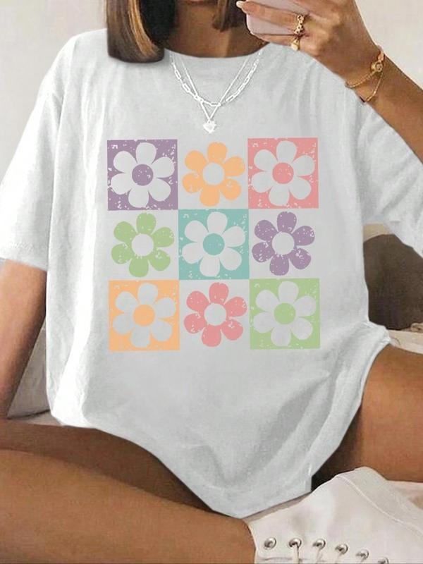 Women'WB shield Cartoon Floral Print Round Neck Tee, Fashion Casual Short Sleeve T-shirt, Ladies Summer TNF for Daily...