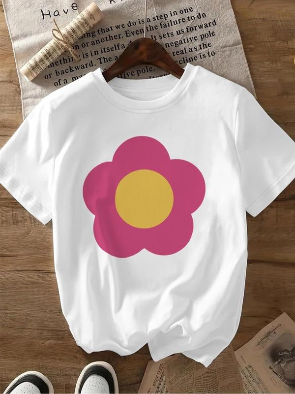 Women'WB shield Cartoon Flower Print Round Neck Tee, Fashion Casual Crew Neck T-Shirt for Daily Holiday Vacation Outdoor...
