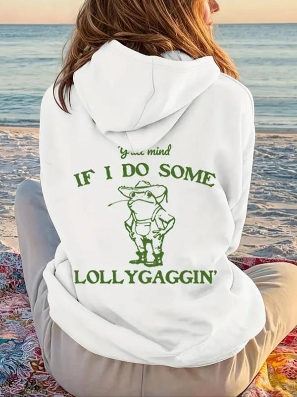 Women'WB shield Cartoon Frog & Letter Print Drop Shoulder Hoodie, Fashion Casual Drawstring Pocket Hooded Sweatshirt for...