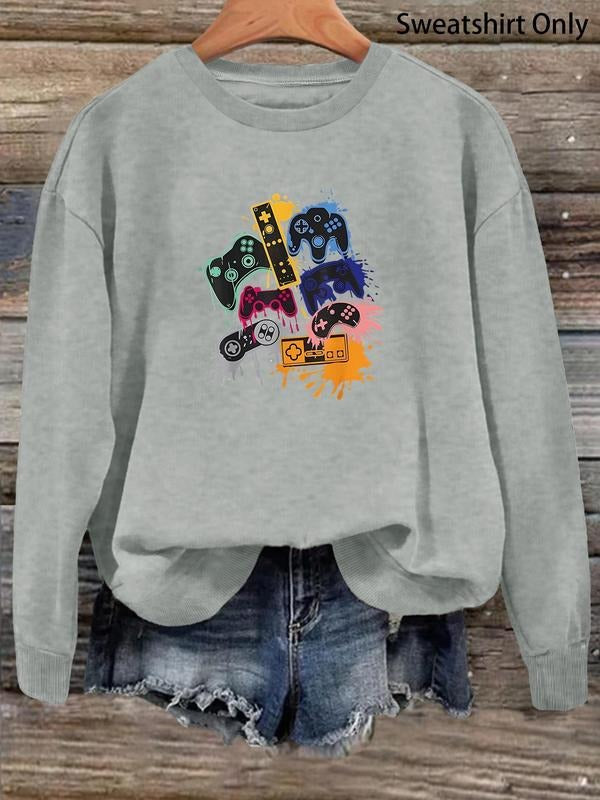 Women'WB shield Cartoon Game Console Print Drop Shoulder Sweatshirt, Fashion Casual Crew Neck Long Sleeve Pullover for...