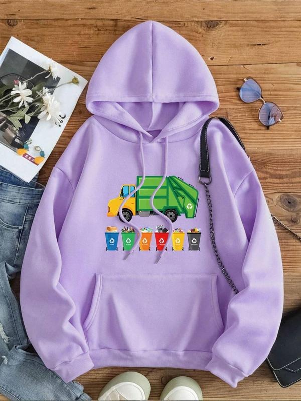 Women'WB shield Cartoon Garbage Truck Print Drop Shoulder Hoodie, Fashion Casual Drawstring Pocket Hooded Sweatshirt for Daily Holiday Outdoor Wear, Women Clothing for Fall & Winter