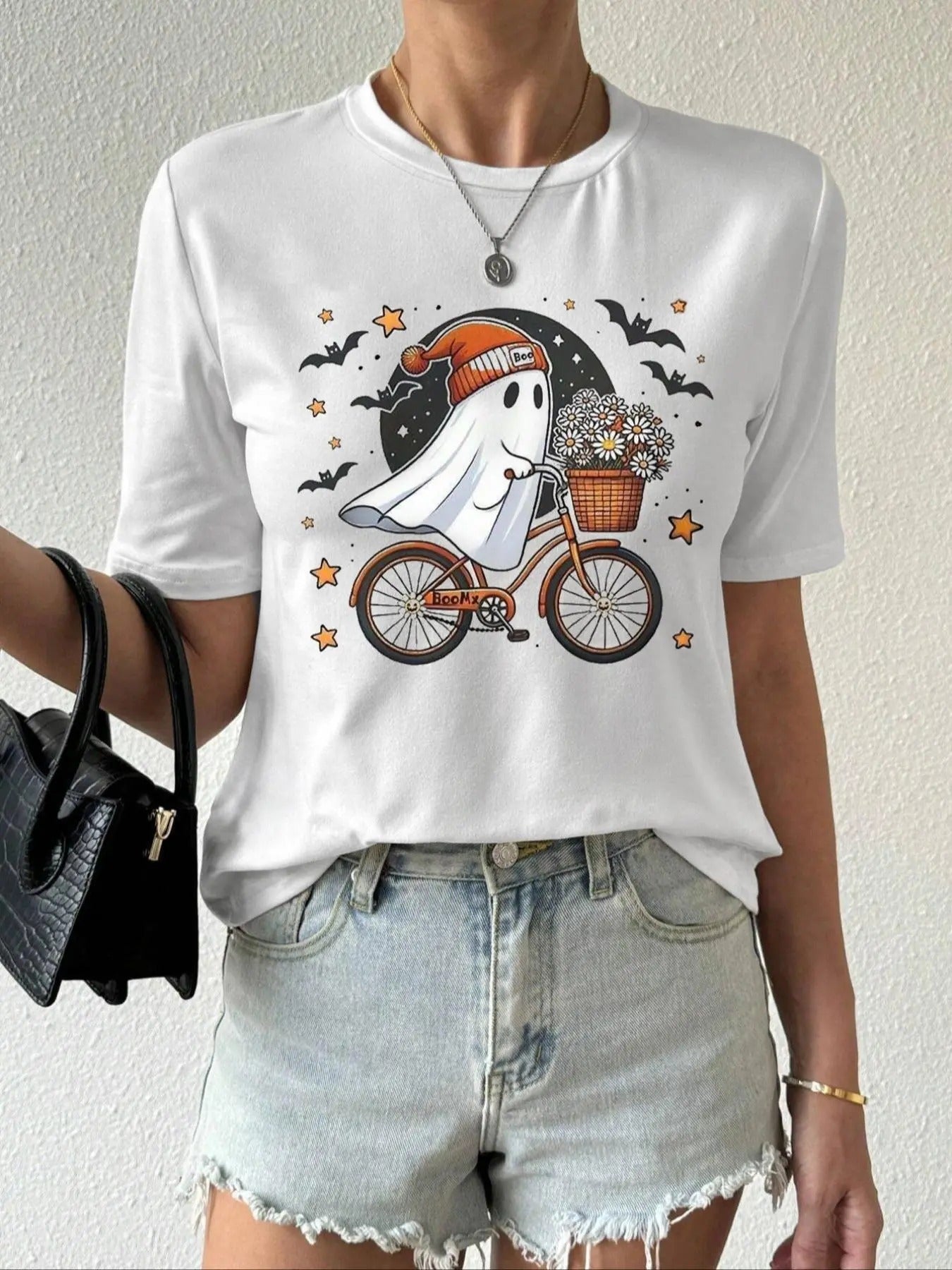 Women'WB shield Cartoon Ghost & Bicycle & Floral Print Round Neck Tee, Cute Casual Short Sleeve T-shirt for Summer,...