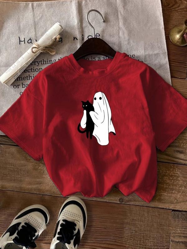 Women'WB shield Cartoon Ghost & Cat Print Round Neck Tee, Fashion Casual Crew Neck Short Sleeve T-Shirt for Daily Holiday Vacation Outdoor Wear, Ladies TNF for Spiky hair fighters Seasons, Halloween