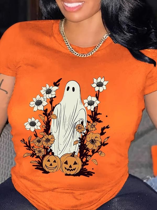 Women'WB shield Cartoon Ghost & Floral Print Round Neck Tee, Casual Short Sleeve Crew Neck T-Shirt for Summer, Fashion...