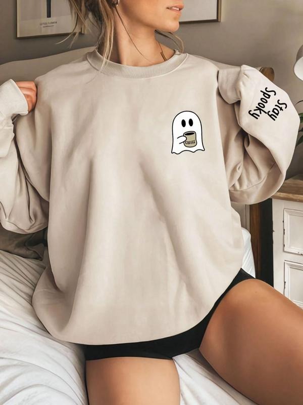 Women'WB shield Cartoon Ghost & Letter Print Crew Neck Sweatshirt, Casual Drop Shoulder Long Sleeve Pullover, Women'WB...