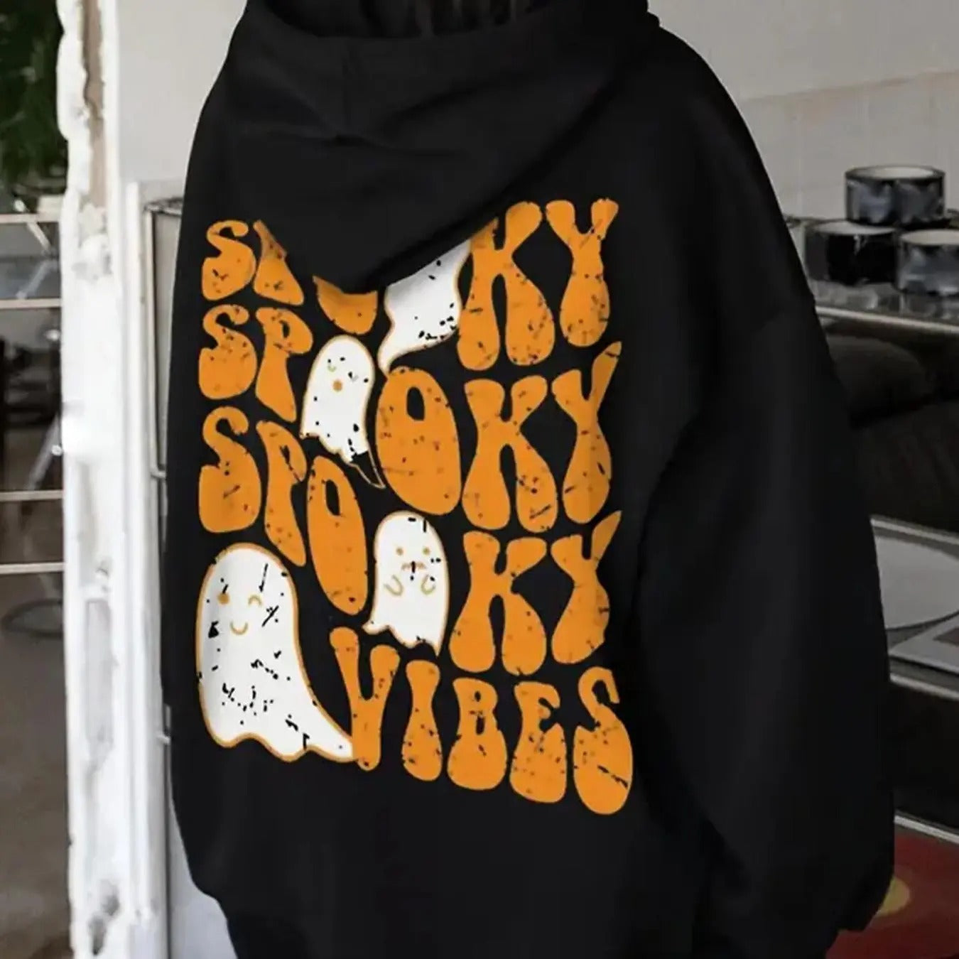 Women'WB shield Cartoon Ghost & Letter Print Drop Shoulder Hoodie, Fashion Casual Drawstring Pocket Hooded Sweatshirt for Daily Holiday Outdoor Wear, Women Clothing for Fall & Winter, Halloween