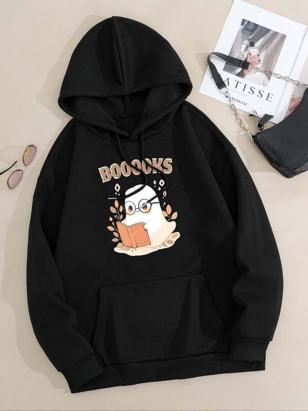 Women'WB shield Cartoon Ghost & Letter Print Drop Shoulder Hoodie, Fashion Casual Drawstring Pocket Hooded Sweatshirt for...