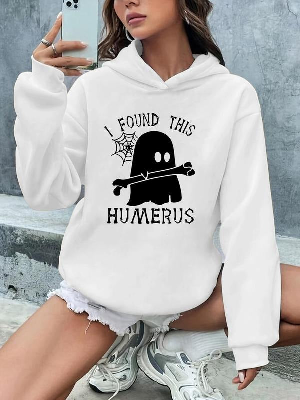 Women'WB shield Cartoon Ghost & Letter Print Drop Shoulder Hoodie, Fashion Casual Long Sleeve Hooded Sweatshirt for Daily...