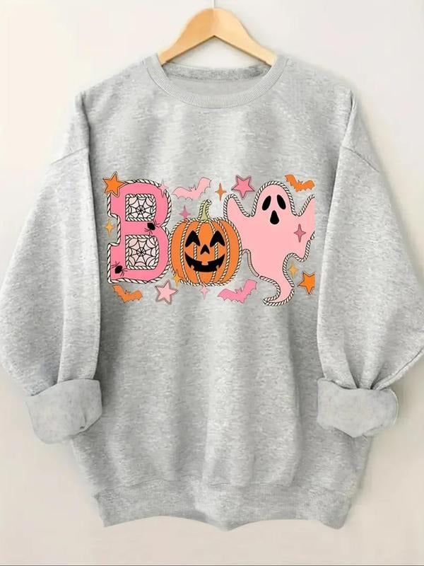 Women'WB shield Cartoon Ghost & Letter Print Drop Shoulder Sweatshirt, Casual Long Sleeve Round Neck Pullover for Fall &...