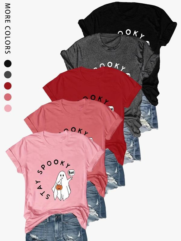 Women'WB shield Cartoon Ghost & Letter Print Round Neck Tee, Casual Short Sleeve Crew Neck T-shirt for Daily Wear, Ladies...
