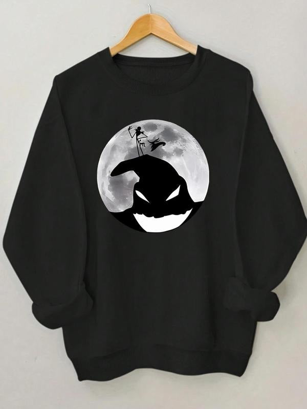 Women'WB shield Cartoon Ghost & Moon Print Round Neck Sweatshirt, Casual Long Sleeve Crew Neck Pullover for Fall &...