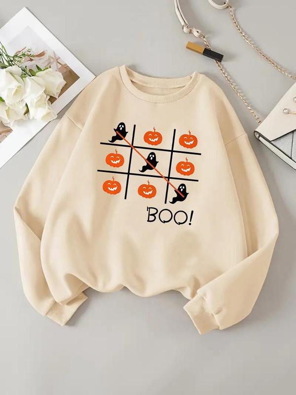 Women'WB shield Cartoon Ghost & Pumpkin Print Drop Shoulder Sweatshirt, Casual Long Sleeve Round Neck Pullover for Daily...