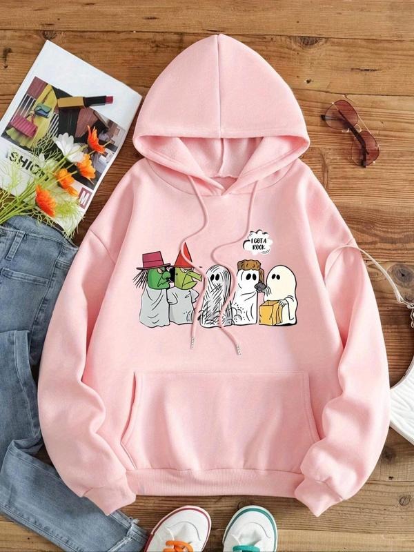 Women'WB shield Cartoon Ghost Print Drawstring Pocket Hoodie, Casual Drop Shoulder Long Sleeve Hooded Sweatshirt, Lady...