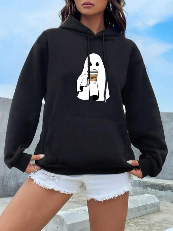 Women'WB shield Cartoon Ghost Print Drop Shoulder Drawstring Hoodie, Casual Long Sleeve Kangaroo Pocket Hooded Sweatshirt...