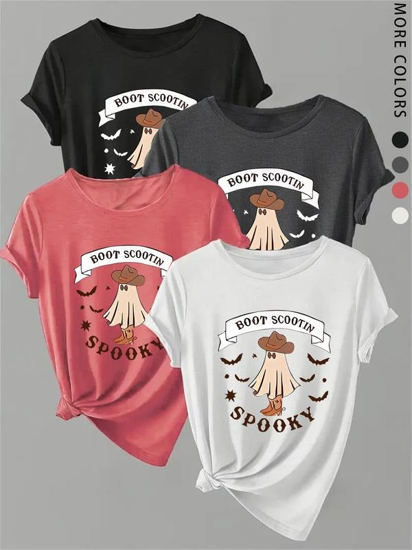 Women'WB shield Cartoon Ghost Print Round Neck Tee, Casual Short Sleeve Crew Neck T-Shirt for Summer, Fashion Women'WB...