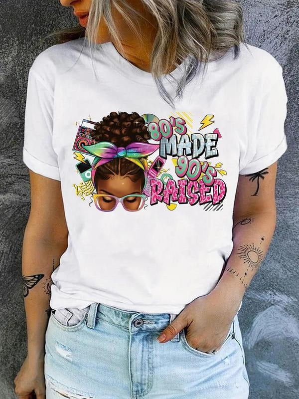 Women'WB shield Cartoon Girl & Letter Print Round Neck Graphic Tee, Vintage Trendy Casual Short Sleeve T-shirt For Daily...