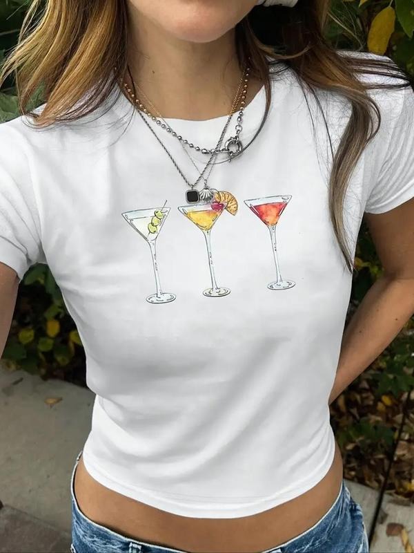 Women'WB shield Cartoon Goblet Print Round Neck Crop Tee, Casual Short Sleeve Crew Neck T-Shirt, Fashion Women'WB shield...