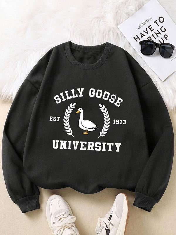 Women'WB shield Cartoon Goose & Letter Print Drop Shoulder Sweatshirt, Casual Long Sleeve Round Neck Pullover for Fall &...