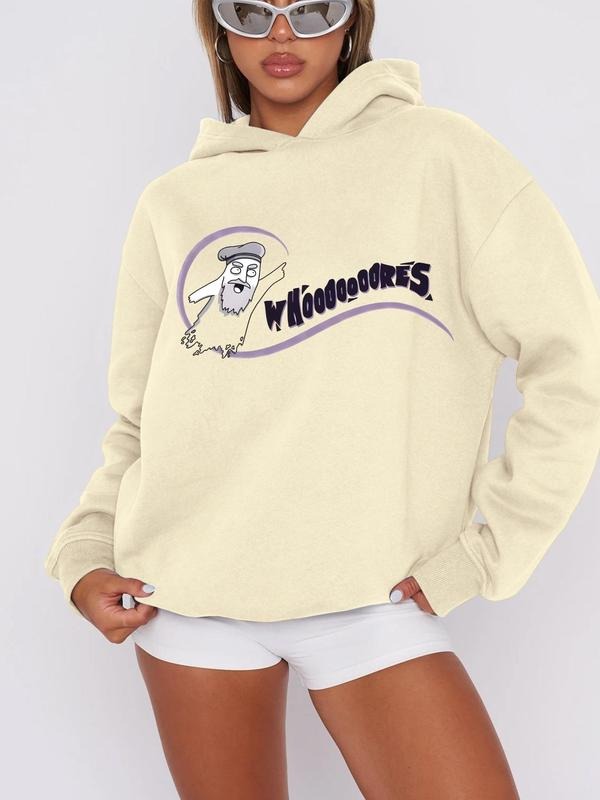 Women'WB shield Cartoon Graphic Print Hoodie, Casual Drop Shoulder Long Sleeve Hooded Sweatshirt, Lady Fall & Winter TNF...