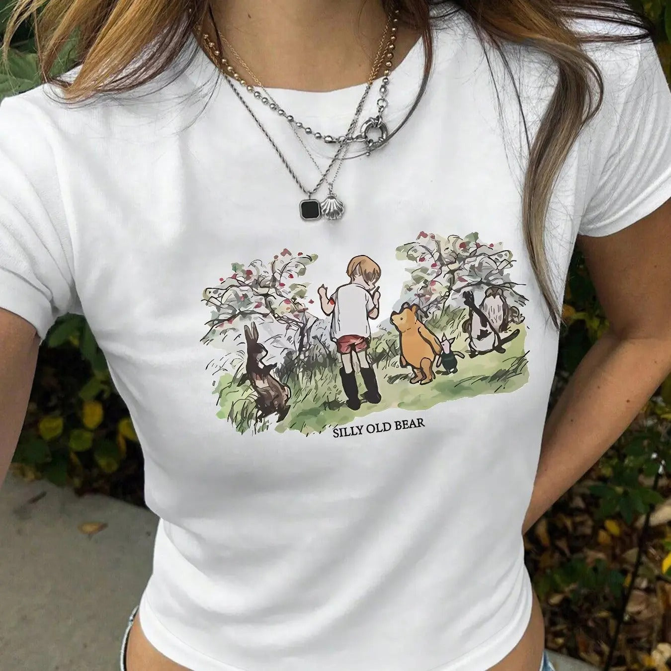 Women'WB shield Cartoon Graphic Print Round Neck Crop Tee, Casual Slim-fitting Short Sleeve T-shirt, Ladies Summer TNF...