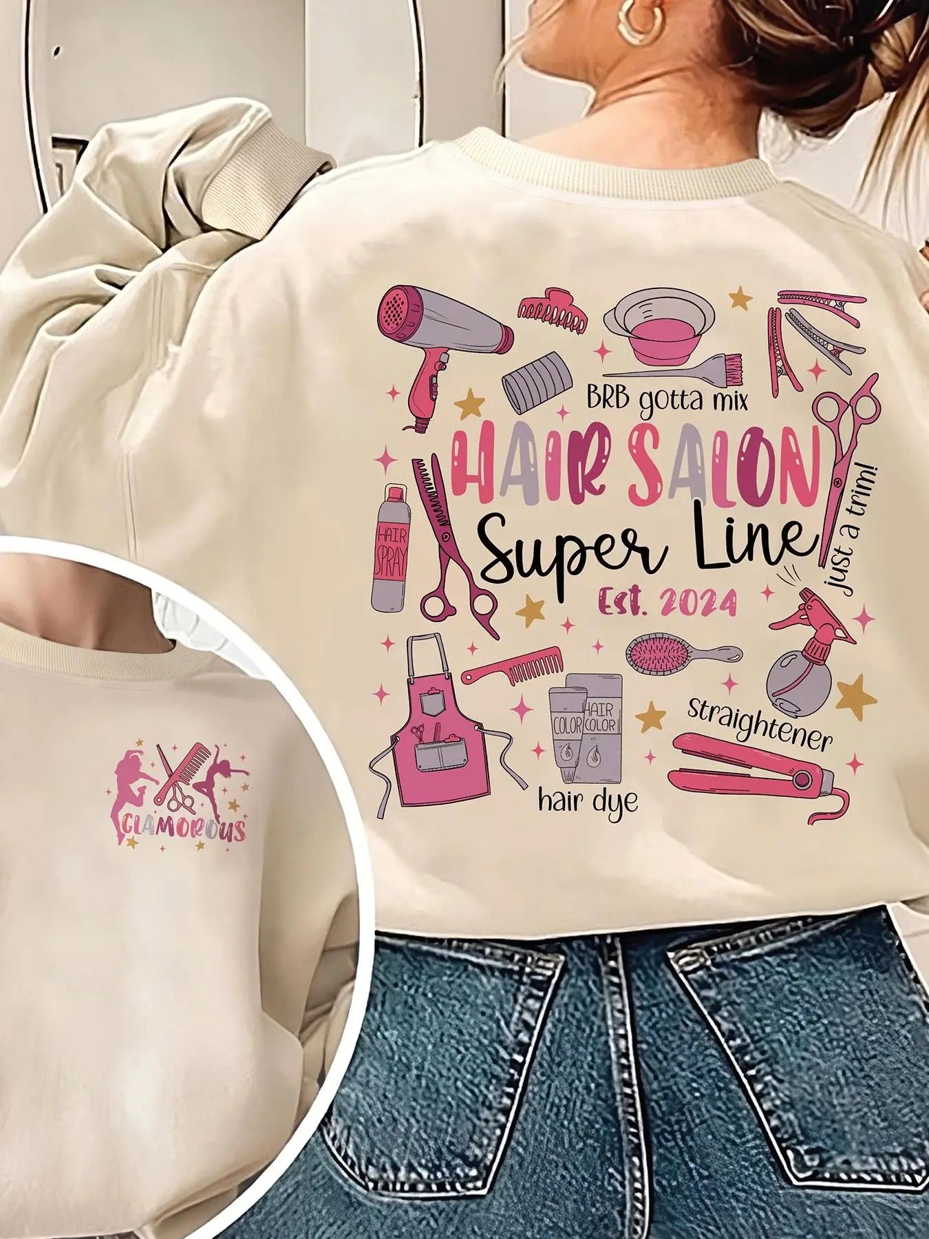 Women'WB shield Cartoon Hairdressing Tools Print Crew Neck Pullover, Casual Fashion Long Sleeve Sweatshirt for Daily...