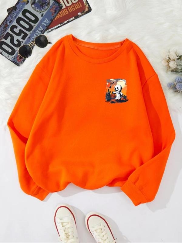 Women'WB shield Cartoon Halloween Print Drop Shoulder Sweatshirt, Casual Long Sleeve Round Neck Pullover for Fall &...