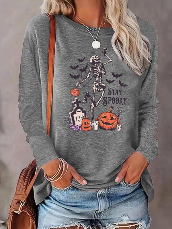 Women'WB shield Cartoon Halloween Print Round Neck T-shirt, Fashion Casual Long Sleeve Tee, Women'WB shield Top for Daily...
