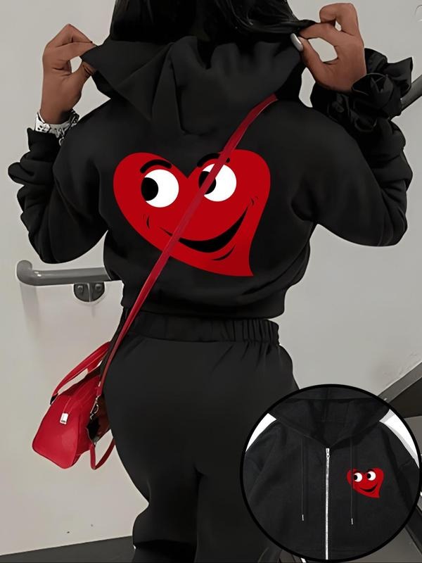 Women'WB shield Cartoon Heart Print Drop Shoulder Zip Up Hoodie, Fashion Casual Drawstring Pocket Hooded Sweatshirt for Daily Holiday Outdoor Wear, Women Clothing for Fall & Winter, Valentine'WB shield Day Gifts