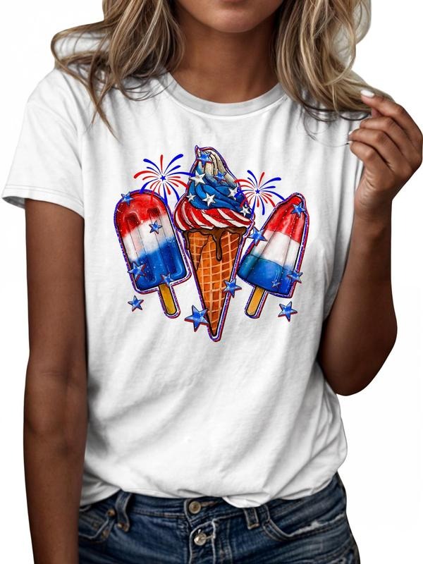Women'WB shield Cartoon Ice Cream Print Round Neck Tee, Casual Popsicle Graphic Short Sleeve T-Shirt for Daily Wear,...
