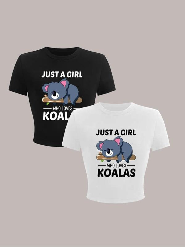 Women'WB shield Cartoon Koala & Letter Print Round Neck Tee, Casual Short Sleeve T-shirt for Summer, Fashion Women'WB...
