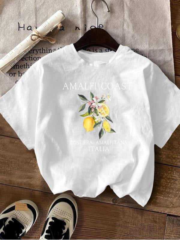 Women'WB shield Cartoon Lemon Graphic Print Round Neck Tee, Fashion Casual Drop Shoulder Short Sleeve T-shirt, Ladies...