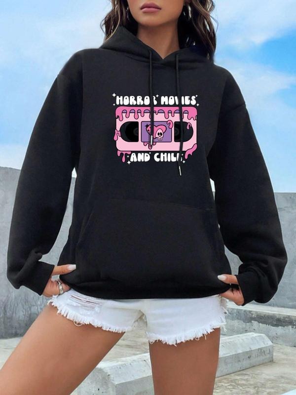 Women'WB shield Cartoon Letter & Graphic Print Drop Shoulder Hoodie, Fashion Casual Drawstring Pocket Hooded Sweatshirt...