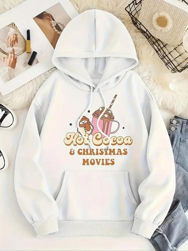Women'WB shield Cartoon Letter & Hot Chocolate Print Drop Shoulder Fleece Hoodie, Fashion Casual Drawstring Pocket Hooded...