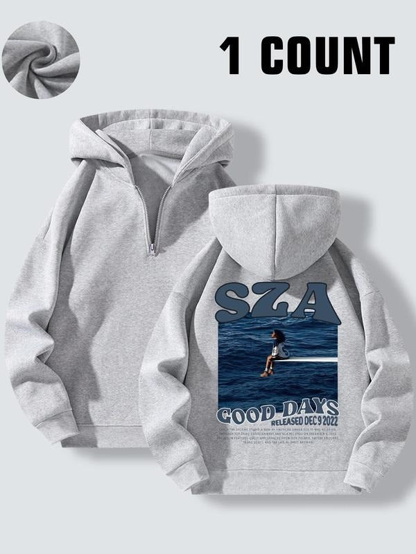 Women'WB shield Cartoon Letter & Picture Print Half Zip Hoodie, Fashion Casual Hooded Sweatshirt for Daily Wear, Women Clothing for Fall & Winter