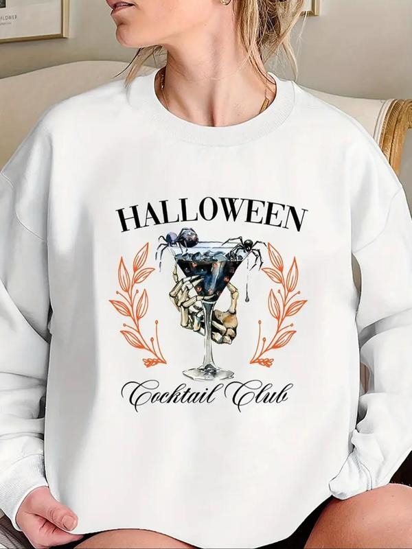 Women'WB shield Cartoon Letter Print Sweatshirt, Casual Crew Neck Halloween Pullover for Daily Holiday Outdoor Wear,...