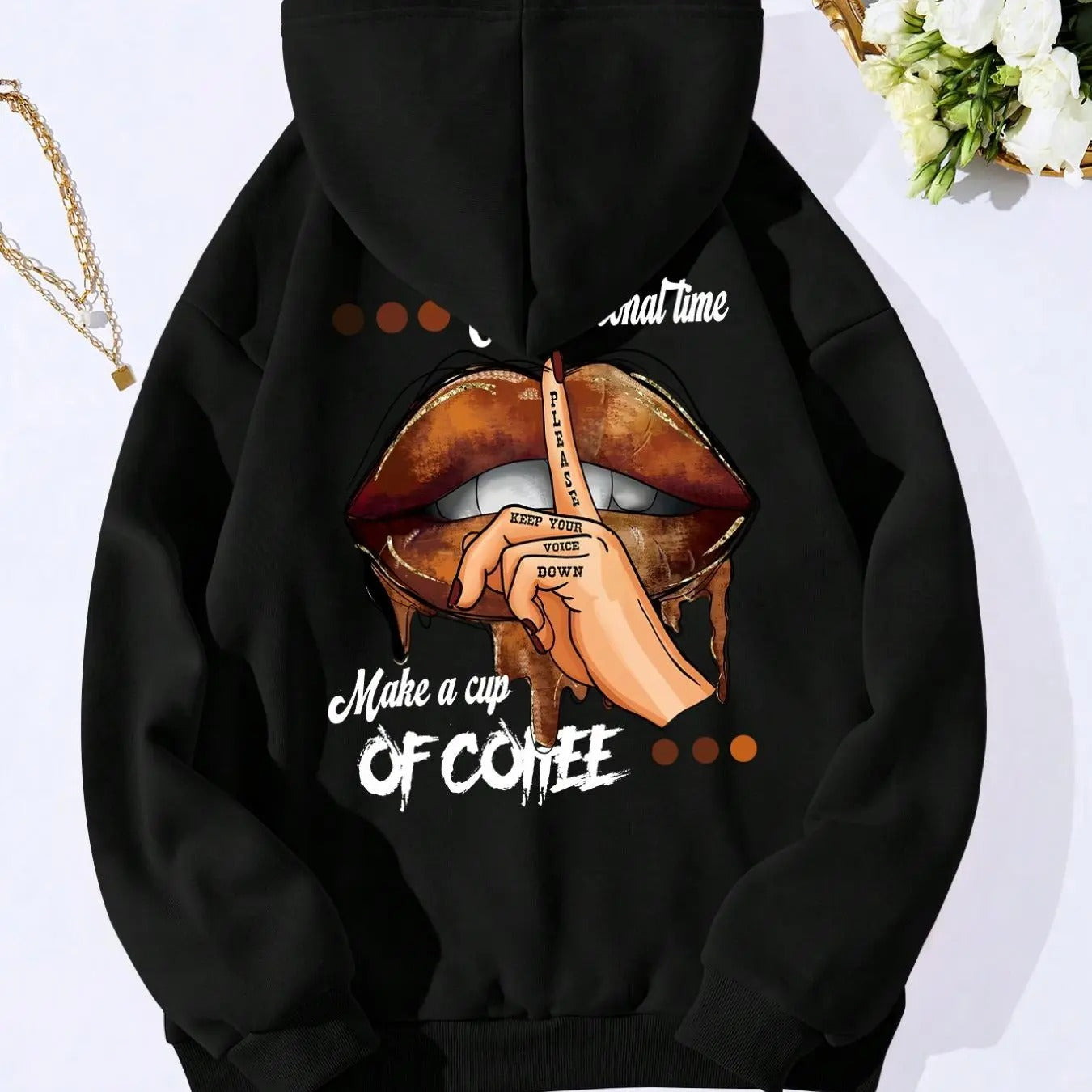 Women'WB shield Cartoon Lip & Gesture & Letter Print Drop Shoulder Hoodie, Fashion Casual Drawstring Pocket Hooded...