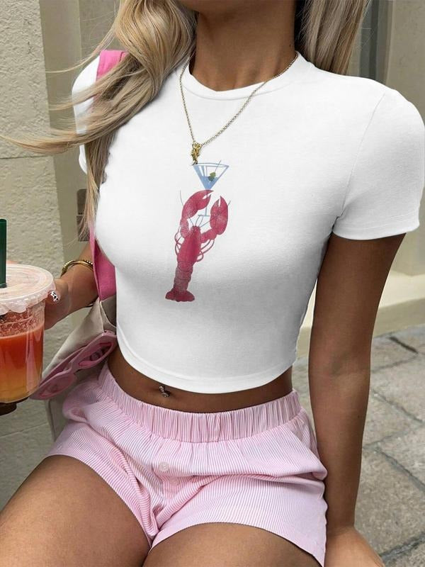 Women'WB shield Cartoon Lobster Print Round Neck Crop Tee, Casual Fashion Crew Neck T-shirt for Daily Holiday Vacation...