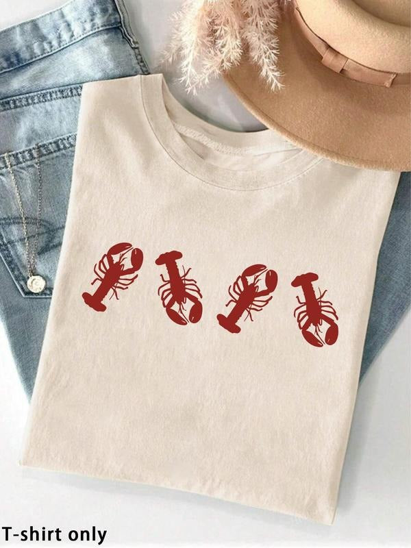 Women'WB shield Cartoon Lobster Print Round Neck Tee, Casual Short Sleeve Crew Neck T-shirt for Daily Wear, Ladies TNF...