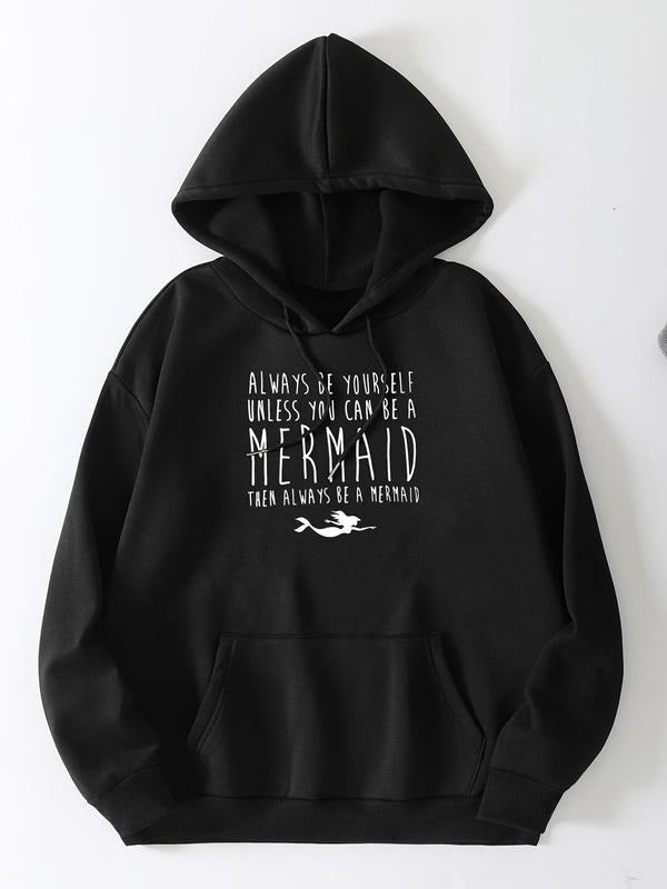 Women'WB shield Cartoon Mermaid & Letter Print Drop Shoulder Hoodie, Fashion Casual Drawstring Pocket Hooded Sweatshirt...