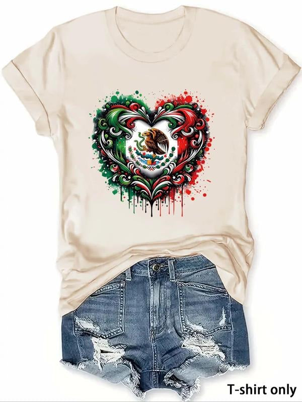 Women'WB shield Cartoon Mexican Flag Heart Print Round Neck Tee, Fashion Casual Short Sleeve T-shirt for Daily Wear,...