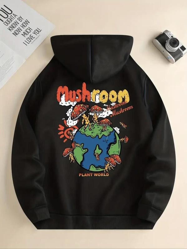 Women'WB shield Cartoon Mushroom Print Drop Shoulder Hoodie, Fashion Casual Drawstring Pocket Hooded Sweatshirt for Daily...