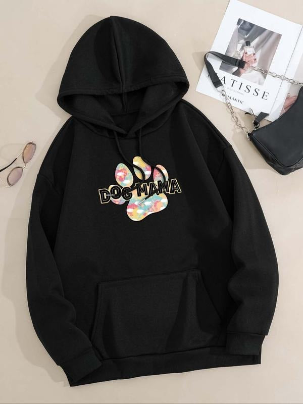 Women'WB shield Cartoon Paw & Letter Print Drop Shoulder Hoodie, Fashion Casual Drawstring Pocket Hooded Sweatshirt for...